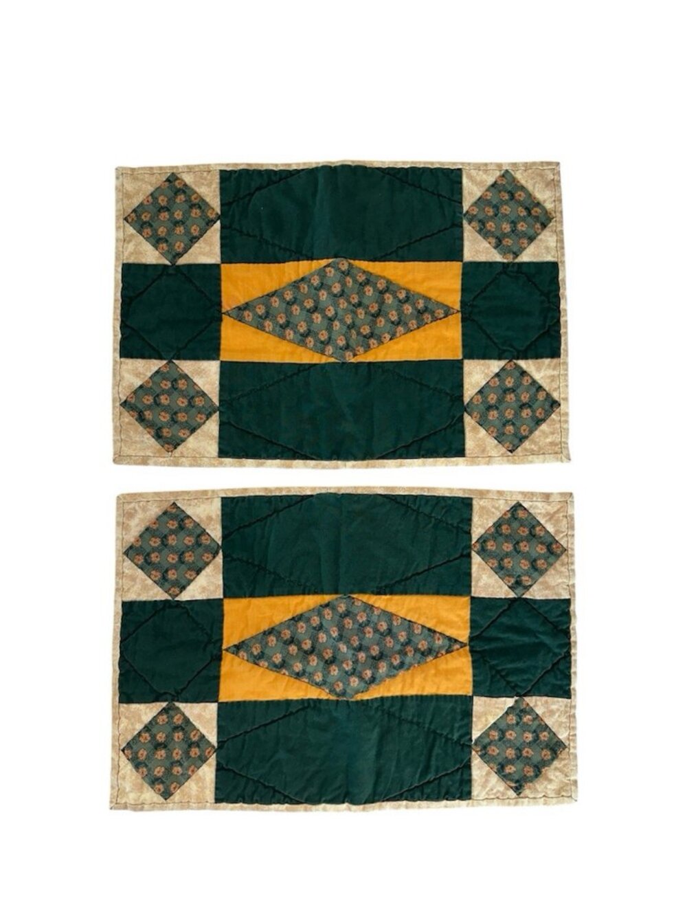 Handmade Quilted Placemats Set of 2 Patchwork Geometric Green Gold 11.5"x17"